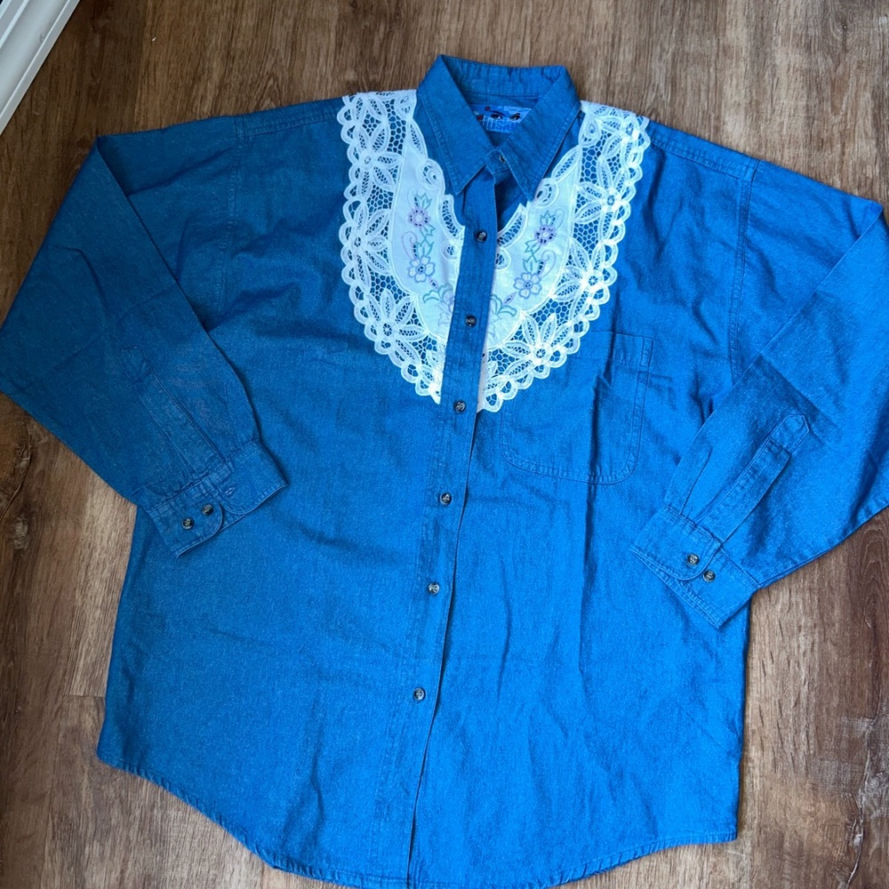 Vintage Denim Shirt with Lace Collar